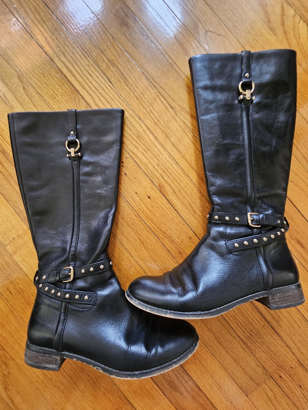 GUC Coach Maddie Black Leather Riding Boots with Goldtone Accents Size 8.5
